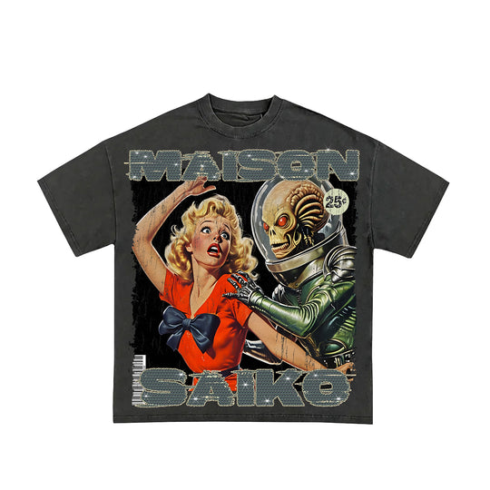 Maison Saiko Mens Comic Book Ten Crew Neck T-Shirt MSKP-010 Vintage Wash/White