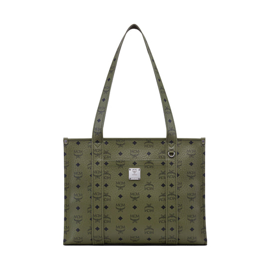 MCM Womens Aren Visetos School Tote Bag Lrg MWTFATA02-K8 Khaki Moss