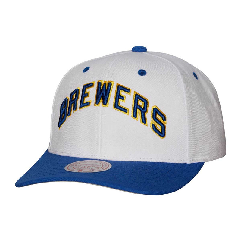 Mitchell & Ness Mens MLB Milwaukee Brewers Evergreen PRO Coop Snapback Hats HHSS6484-MBRYYPPPWHIT White ,Grey Brim