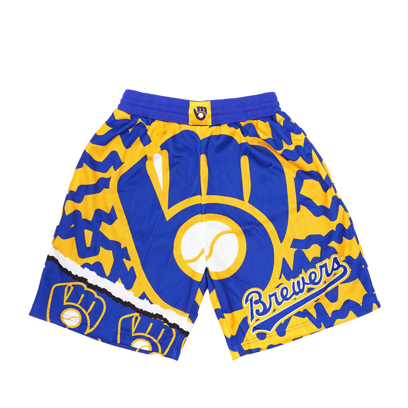 Mitchell & Ness Mens MLB Milwaukee Brewers Jumbotron 2.0 Sublimated Shorts PSHR1220-MBRYYPPPRYYW Royal/Yellow