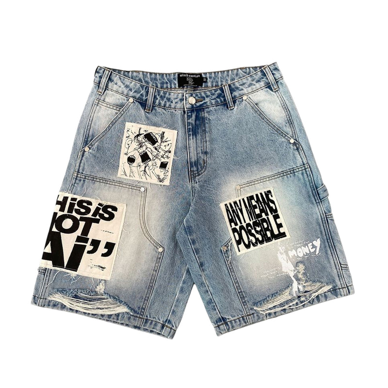 Mixed Emotion Mens AI Denim Shorts Blue