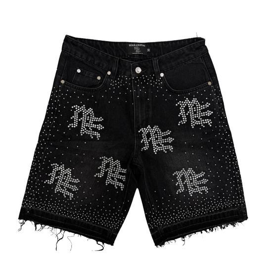 Mixed Emotion Mens Me Rhinestone Denim Shorts Black