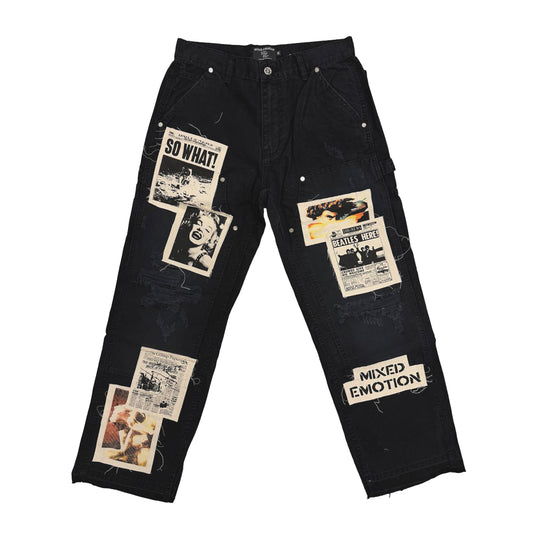 Mixed Emotion Mens Newspaper Carpenter Pants Black