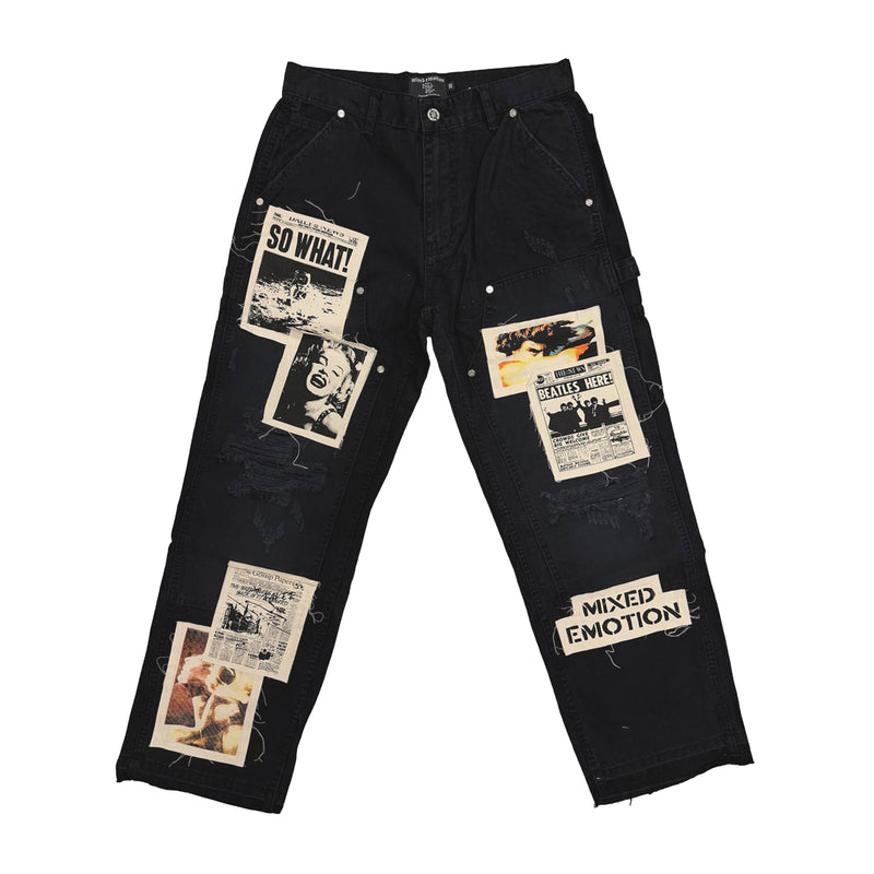 Mixed Emotion Mens Newspaper Carpenter Pants Black