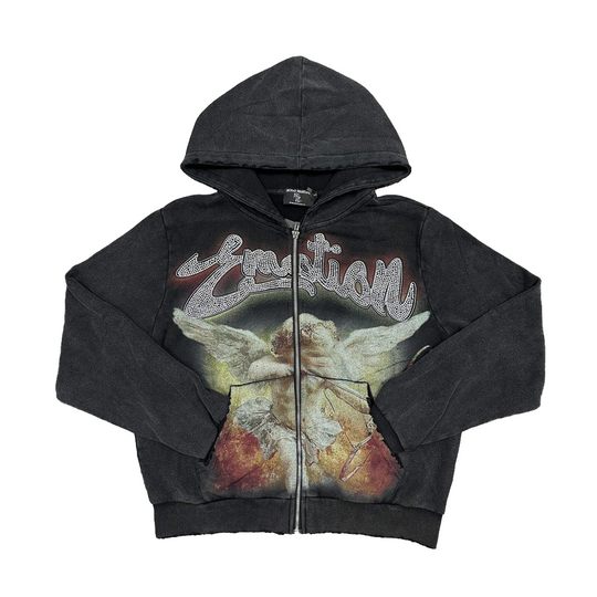 Mixed Emotion Mens Rhinestone Zip Up Hoodie Black Acid Wash