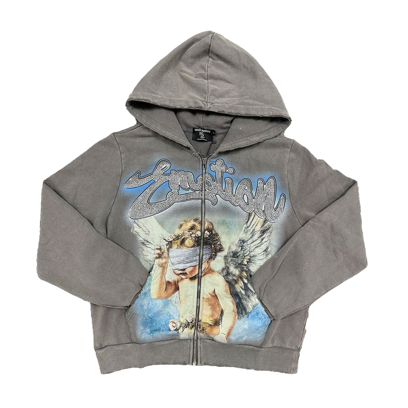 Mixed Emotion Mens Rhinestone Zip Up Hoodie Grey