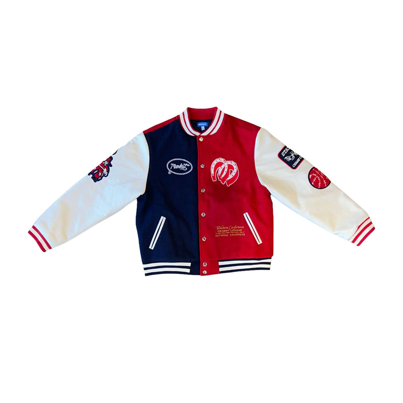Market Studios Mens Old West Varsity Jacket MKT25FW-JK0281-NVSA Navy/Salsa - Premium Lounge NY