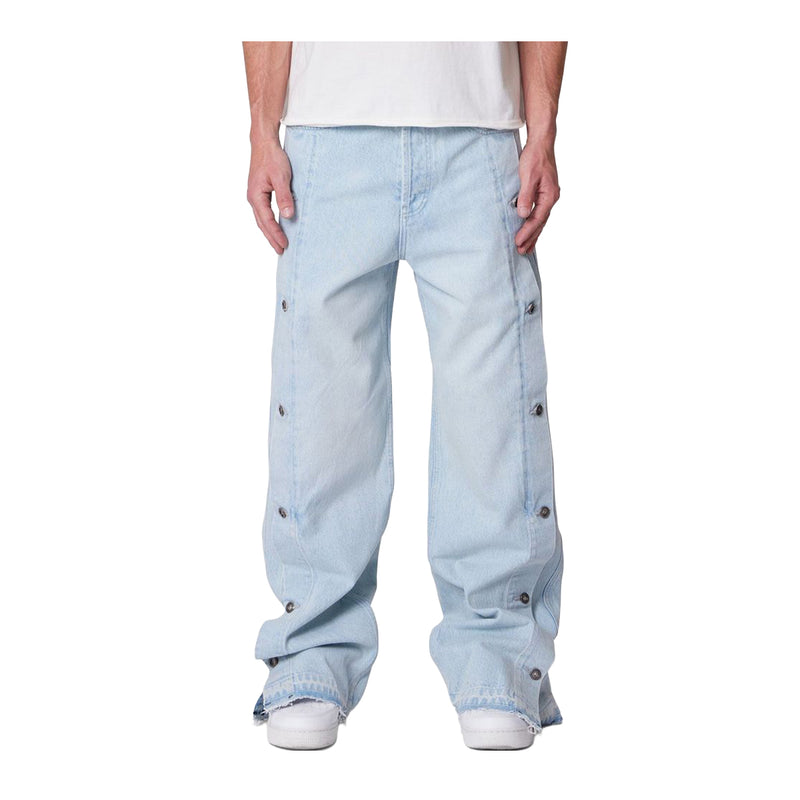 MNML Mens Ultra Baggy Offset Button Denim Jeans M2025-D485-LBL Light Blue