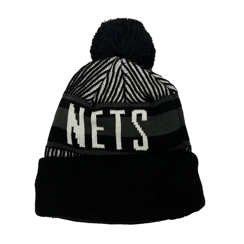 New Era Mens NBA Brooklyn Nets Knit Striped Pom Beanie 60267149 Black/Grey/White