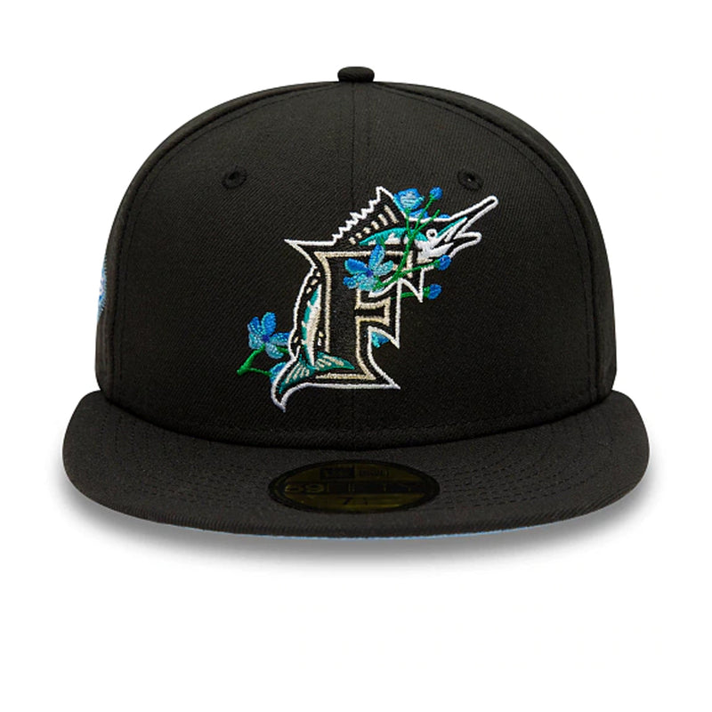 New Era Mens MLB Florida Marlins Side Patch Bloom 59Fifty Fitted Hat 60288161 Black, Light Blue Undervisor