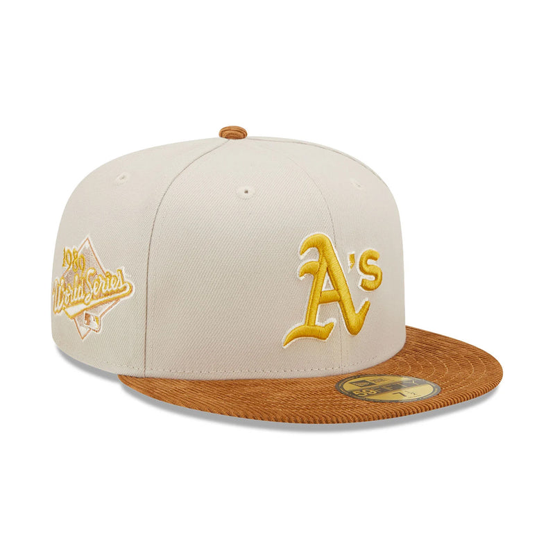 New Era Mens MLB Oakland Athletics Cordvisor 59Fifty Fitted Hat 60296387 Cream/Brown, Dark Green Undervisor