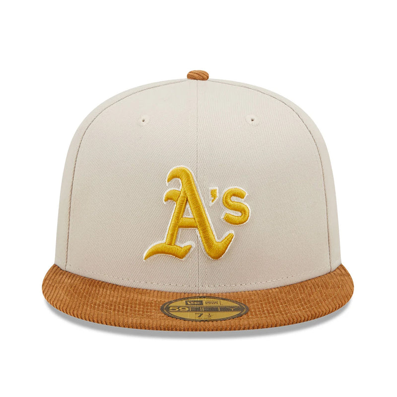 New Era Mens MLB Oakland Athletics Cordvisor 59Fifty Fitted Hat 60296387 Cream/Brown, Dark Green Undervisor