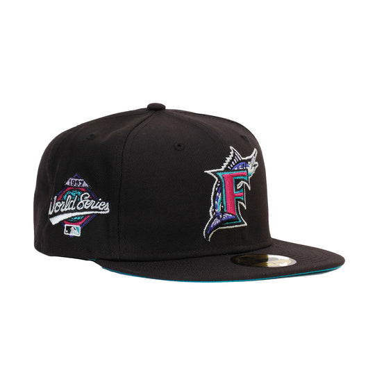 New Era Mens MLB Florida Marlins Polar Lights 59Fifty Fitted Hat 60296494 Black, Teal Undervisor