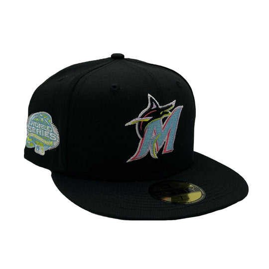 New Era Mens MLB Miami Marlins Color Pack Multi Side Patch World Series 59Fifty Fitted Hat 60303632 Black, Grey Undervisor