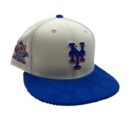 New Era Mens MLB New York Mets Pro Image 2022 Chrome Corduroy 59Fifty Fitted Hat 60351256 White/Blue, Green Undervisor