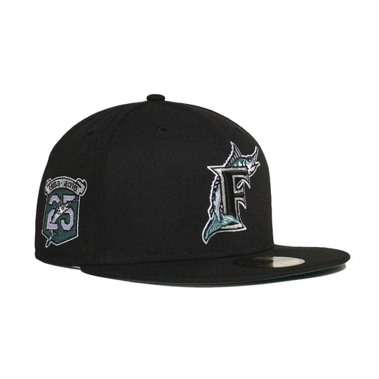 New Era Mens MLB Florida Marlins Metallic Thread Logo 59Fifty Fitted Hat 60355178 Black, Dark Green Undervisor