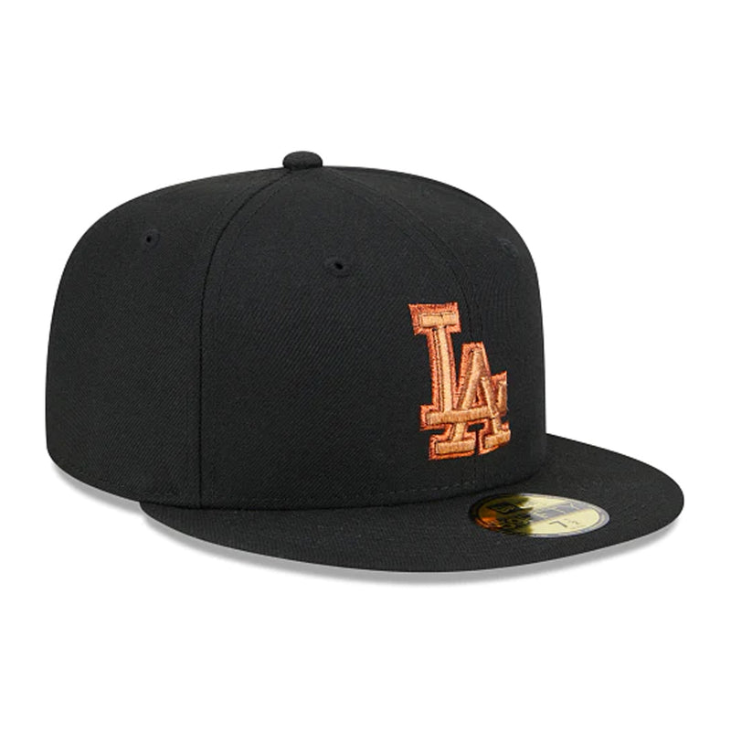 New Era Mens MLB Los Angeles Dodgers Metallic Pop 59FIFTY Fitted Hat 60355830 Black, Orange Undervisor 7 3/4