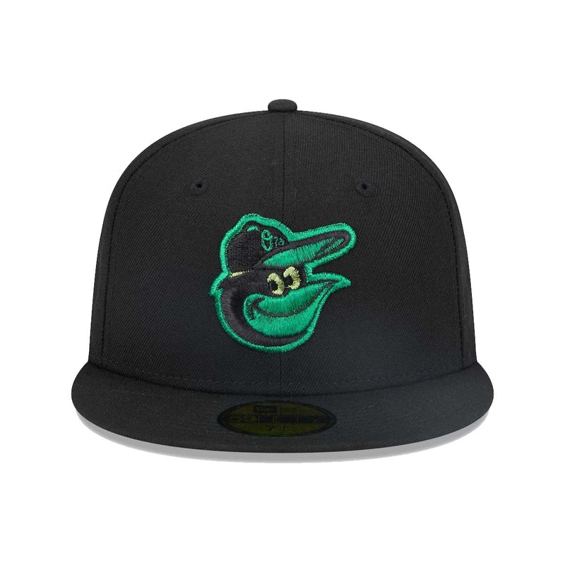 New Era Mens MLB Baltimore Orioles Metallic Pop 59Fifty Fitted Hat 60355834 Black, Green Undervisor