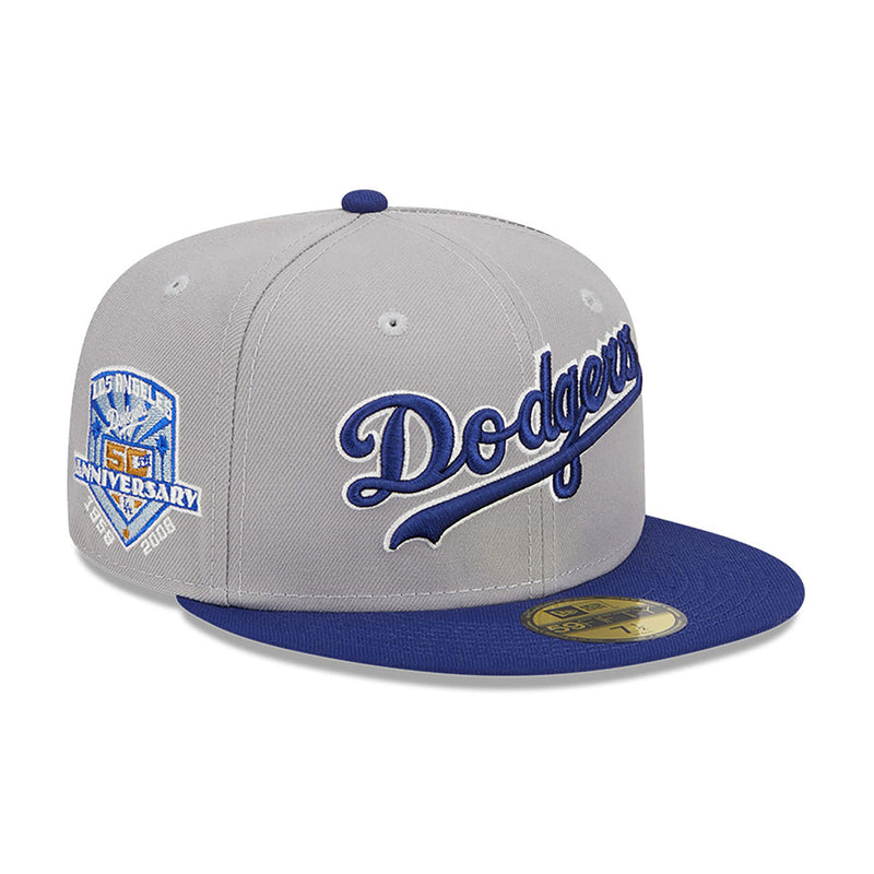 New Era Unisex MLB Los Angeles Dodgers 50th Anniversary Side Patch Retro Script 59Fifty Fitted Hat 60417768 Grey/Royal Blue, Green Undervisor