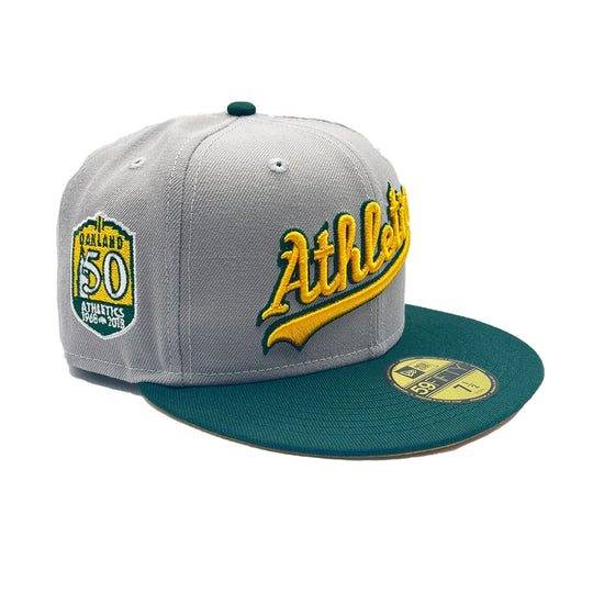 New Era Mens MLB Oakland Athletics 50 Years Athletics 1968-2018 59Fifty Fitted Hat 70761618 Gray Dark/Green, Yellow Undervisor