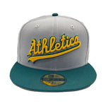 New Era Mens MLB Oakland Athletics 50 Years Athletics 1968-2018 59Fifty Fitted Hat 70761618 Gray Dark/Green, Yellow Undervisor