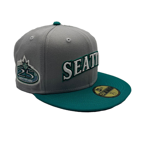 New Era Mens MLB Seattle Mariners 25th Anniversary 59Fifty Fitted Hat 70761621 Gray North/Teal, Navy Undervisor