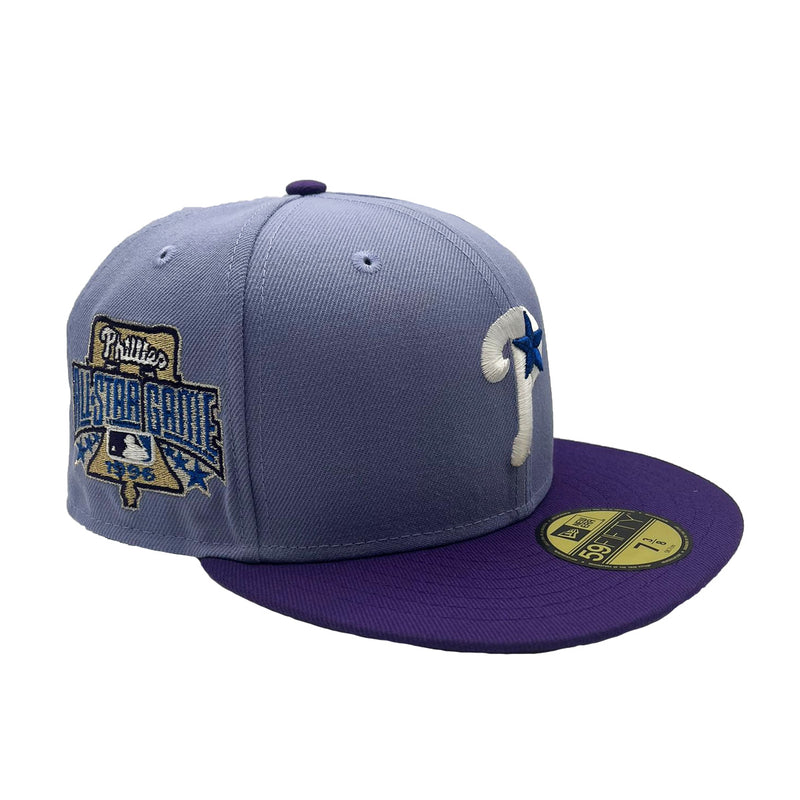 New Era Mens MLB Philadelphia Phillies Retro Script All Star Game 1996 59Fifty Fitted Hat 70802234 Lavender Deep, Grey Undervisor