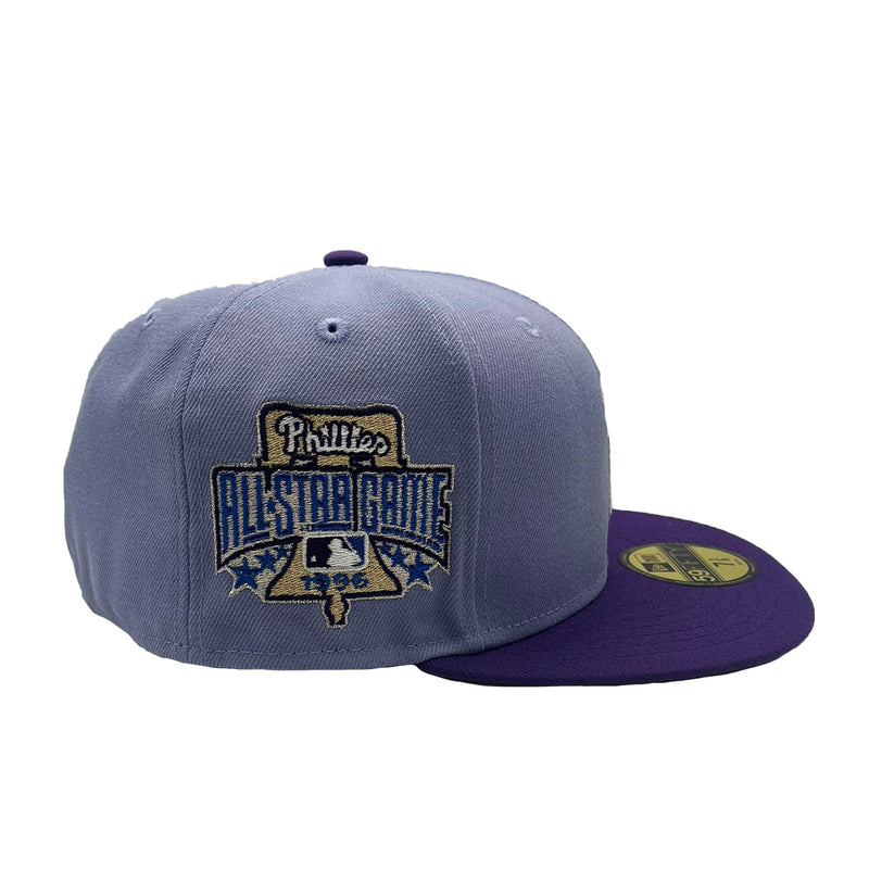 New Era Mens MLB Philadelphia Phillies Retro Script All Star Game 1996 59Fifty Fitted Hat 70802234 Lavender Deep, Grey Undervisor