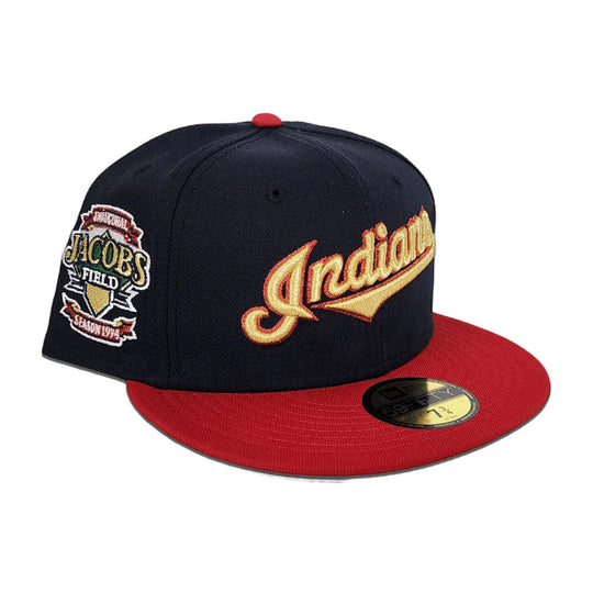 New Era Mens MLB Cleveland Indians Retro Script Inaugural Jacobs Field Season 1994 Side Patch 59Fifty Fitted Hat 70803804 Navy/Scarlet, Grey Undervisor