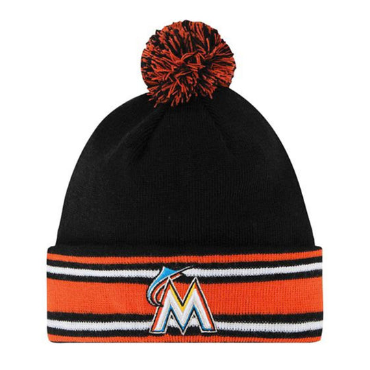 New Era Mens MLB Miami Marlins Pom Beanie ORANGE-MARLINS Black/Orange
