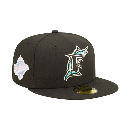 New Era Mens MLB Florida Marlins Pop Sweat 59Fifty Fitted Hat 60243518 Black, Sky Blue Undervisor