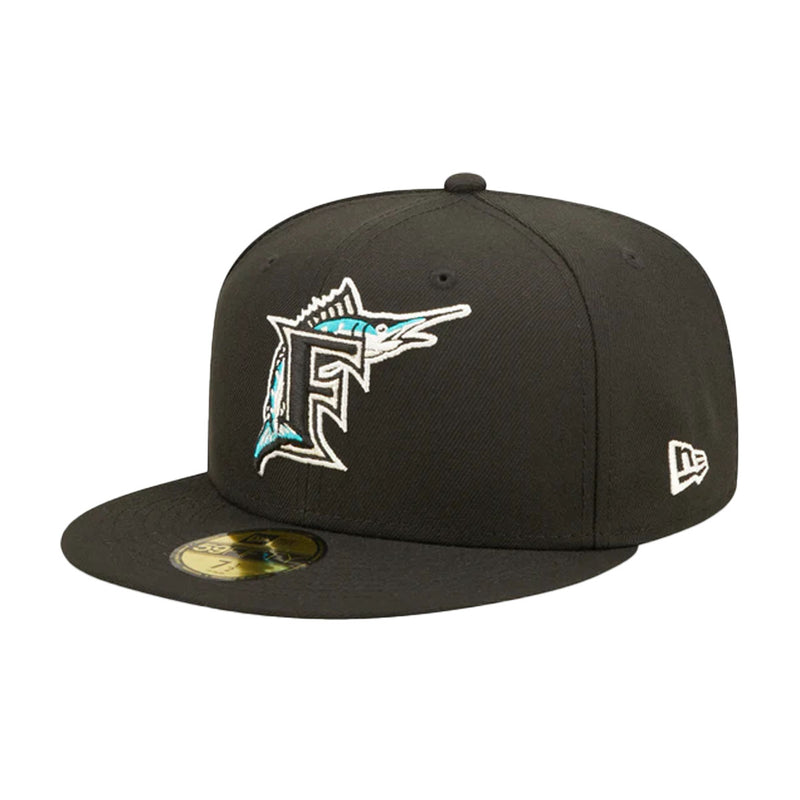 New Era Mens MLB Florida Marlins Pop Sweat 59Fifty Fitted Hat 60243518 Black, Sky Blue Undervisor