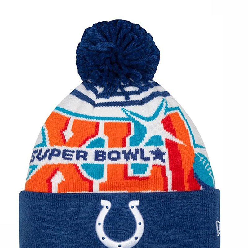 New Era Mens NFL Indianapolis Colts Super Bowl XLI Logo Pom Beanie 11218174 Blue/Orange