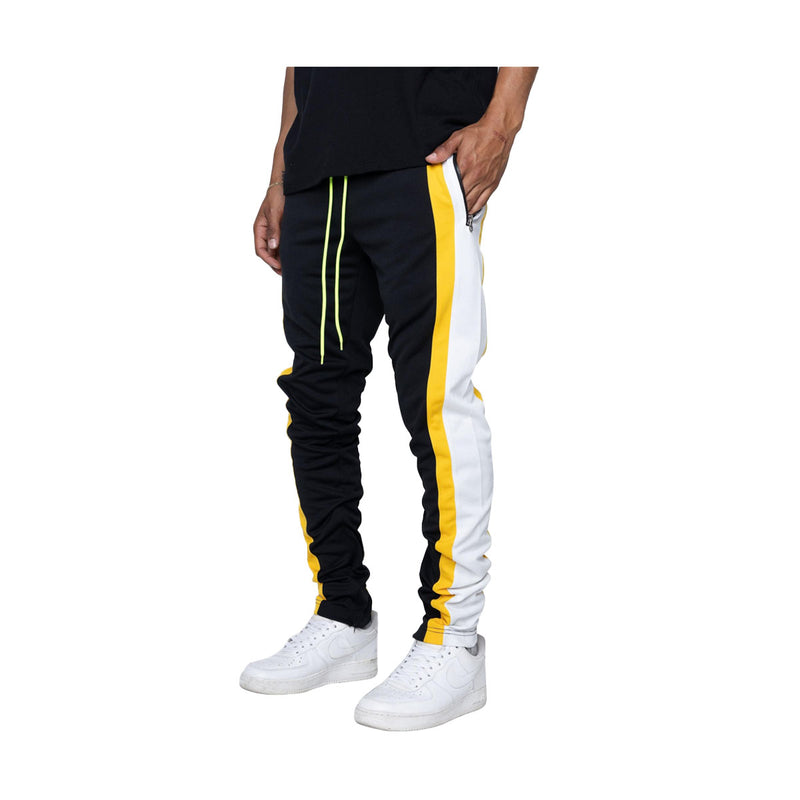 Eptm Mens Poly 6" Invisible Zippers Double Stripe  Trio Track Pants EP8659-BLACK/YELLOW/OFF WHITE