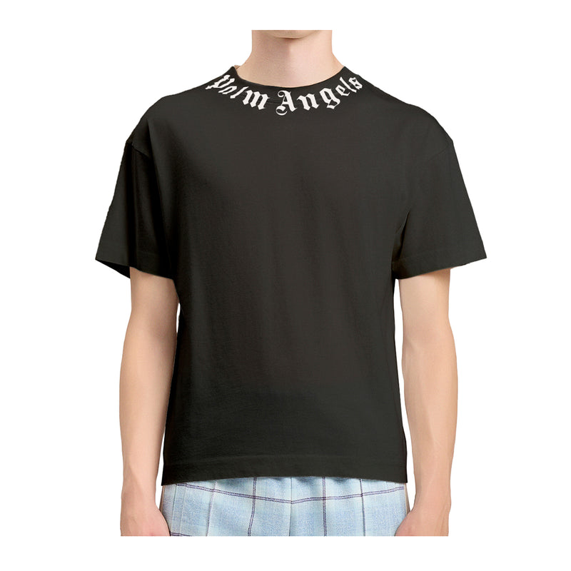 Palm Angels Mens Neck Logo Crew Neck T-Shirt PMAA109S26JER008-1003 Black Off White