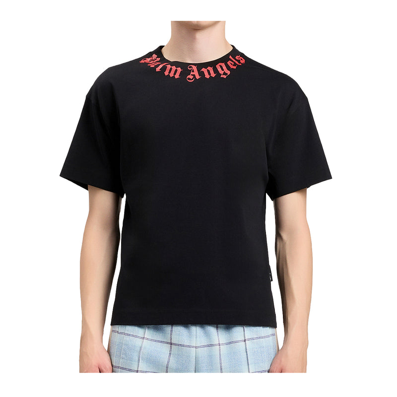 Palm Angels Mens Neck Logo Crew Neck T-Shirt PMAA109S26JER008-1025 Black Red