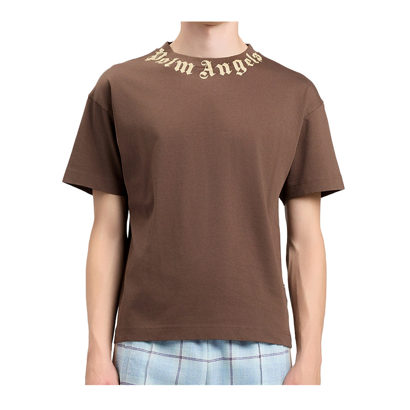 Palm Angels Mens Neck Logo Crew Neck T-Shirt PMAA109S26JER008-6061 Brown Beige
