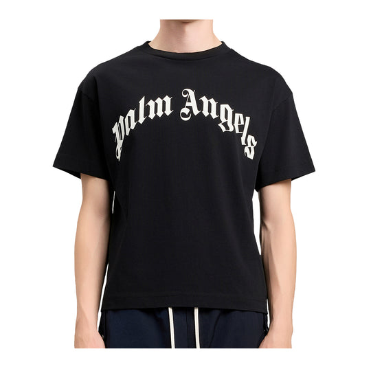 Palm Angels Mens Curved Logo Crew Neck T-Shirt PMAA109S26JER00G-1003 Black Off White