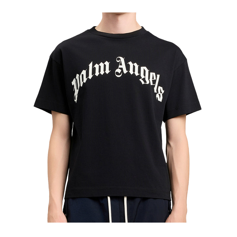 Palm Angels Mens Curved Logo Crew Neck T-Shirt PMAA109S26JER00G-1003 Black Off White