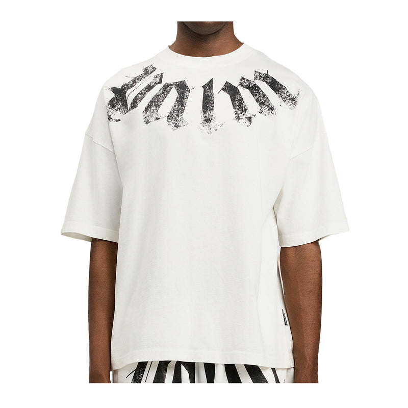 Palm Angels Mens Big Neck Logo Loose Crew Neck T-Shirt PMAA10DS26JER002-0310 Off White Black