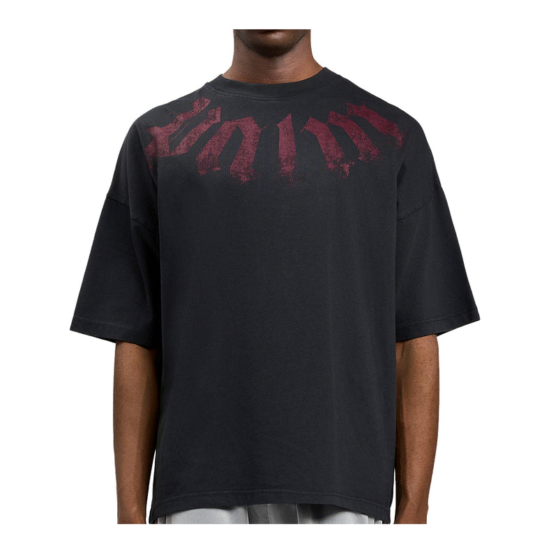 Palm Angels Mens Big Neck Logo Loose Crew Neck T-Shirt PMAA10DS26JER002-1028 Black Burgundy