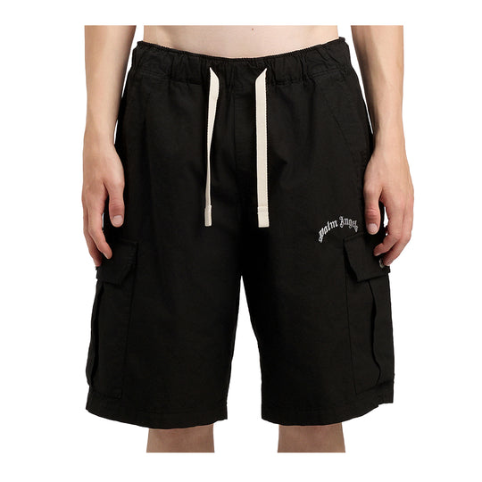 Palm Angels Mens Curved Logo Loose Cargo Shorts PMCS012S26FAB002-1003 Black Off White