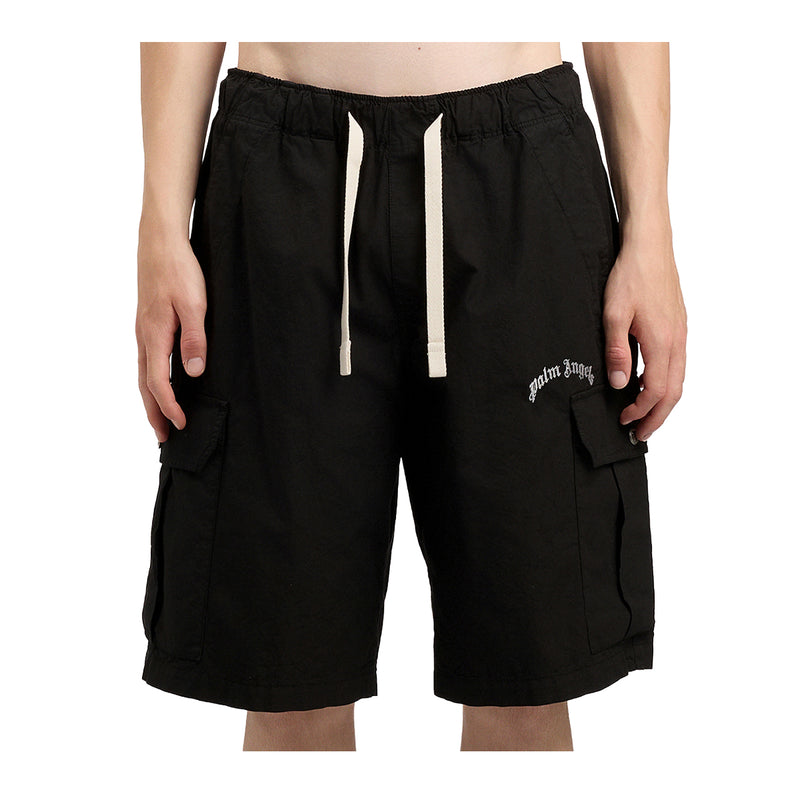 Palm Angels Mens Curved Logo Loose Cargo Shorts PMCS012S26FAB002-1003 Black Off White