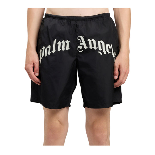 Palm Angels Mens Curved Logo Swimming Shorts PMFD018S26FAB001-1003 Black Off White