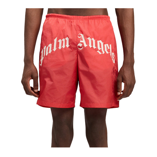 Palm Angels Mens Curved Logo Swimming Shorts PMFD018S26FAB001-2503 Red Off White