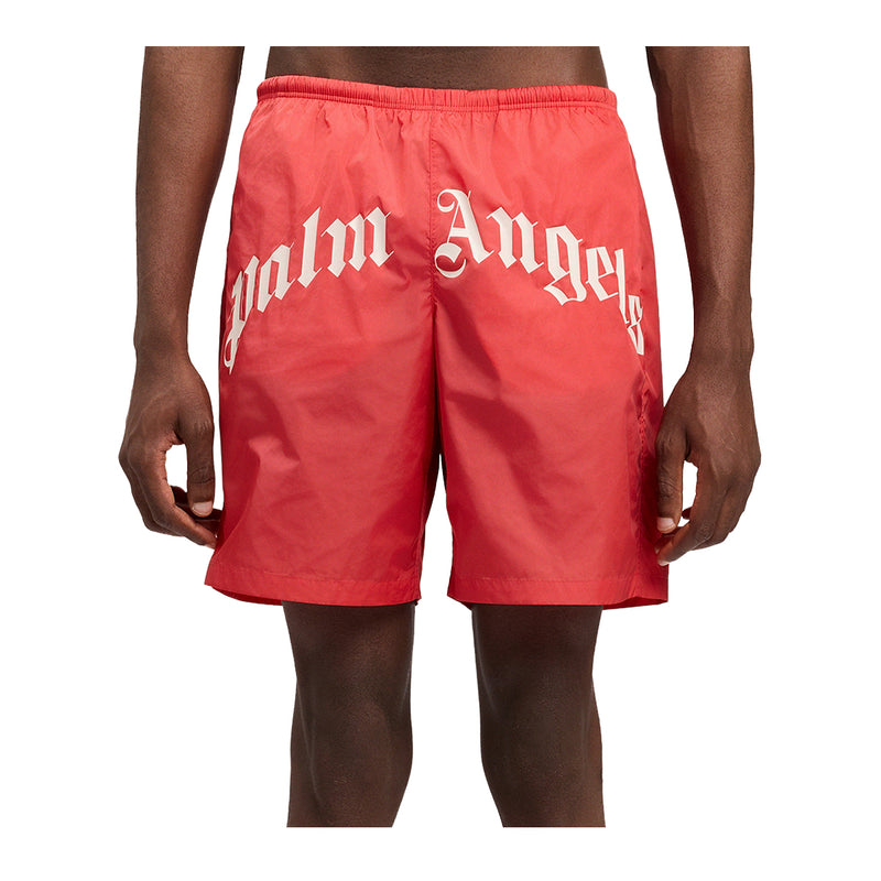 Palm Angels Mens Curved Logo Swimming Shorts PMFD018S26FAB001-2503 Red Off White