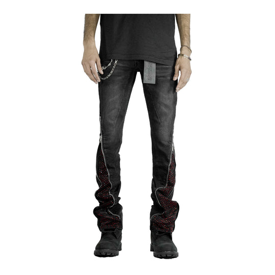 Premium Milano Mens Zip Red Stone Stacked Flare Jeans PM003F25-100 Black Wash