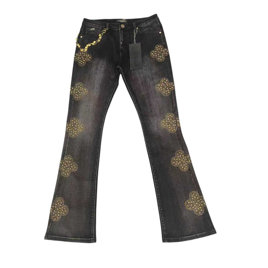 Premium Milano Mens Crystal Clover Stacked Jeans PMJ30F25-100 Black Washed