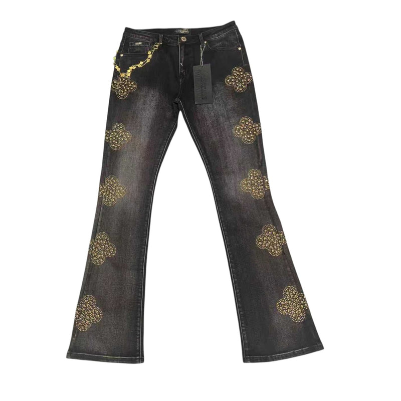 Premium Milano Mens Crystal Clover Stacked Jeans PMJ30F25-100 Black Washed