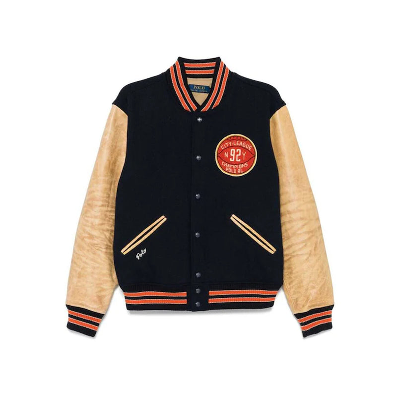 Polo Ralph Lauren Mens Broken Wool Leather Varsity Jacket 710949941001 Hunter Navy